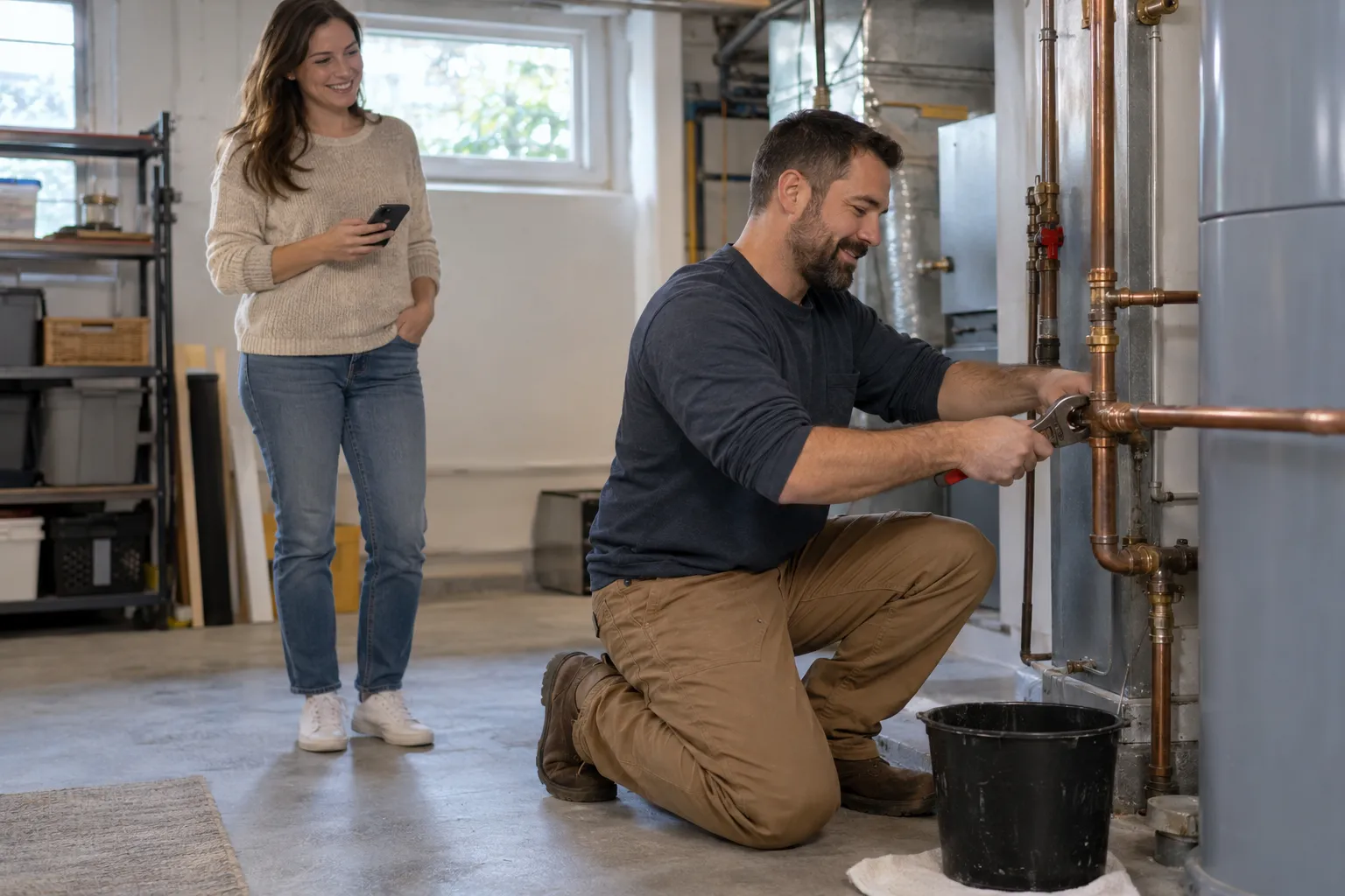 A local provider checking a repaired pipe under a kitchen sink for a Afton homeowner